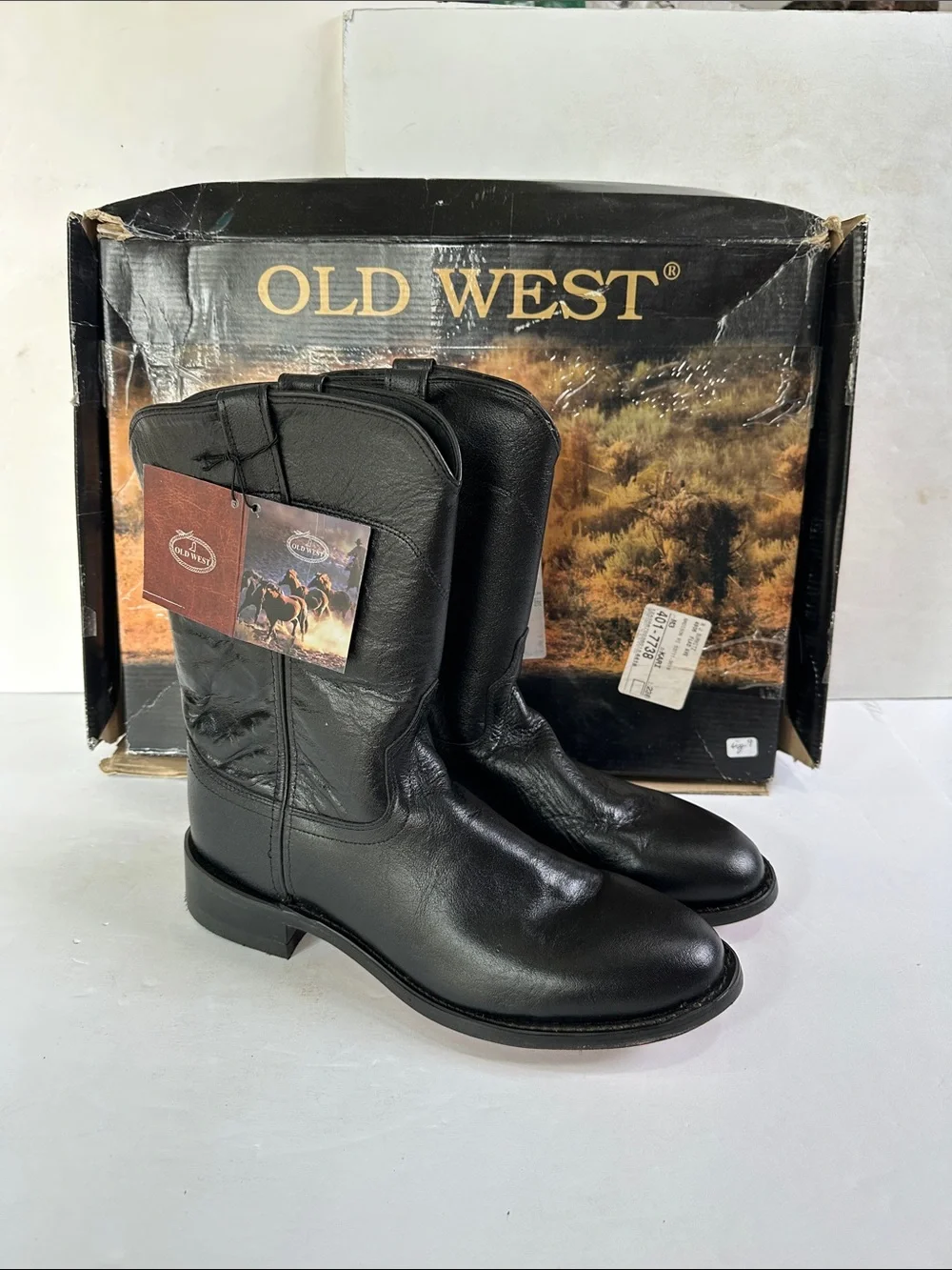 NIB Old West Western Boots Mens Corona Roper Toe Size 9 Black SRM4010